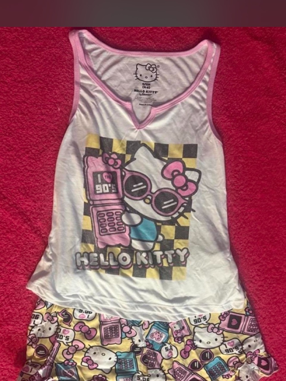Hello Kitty White Tank Top with Pink Trim & Multi-Color Graphic